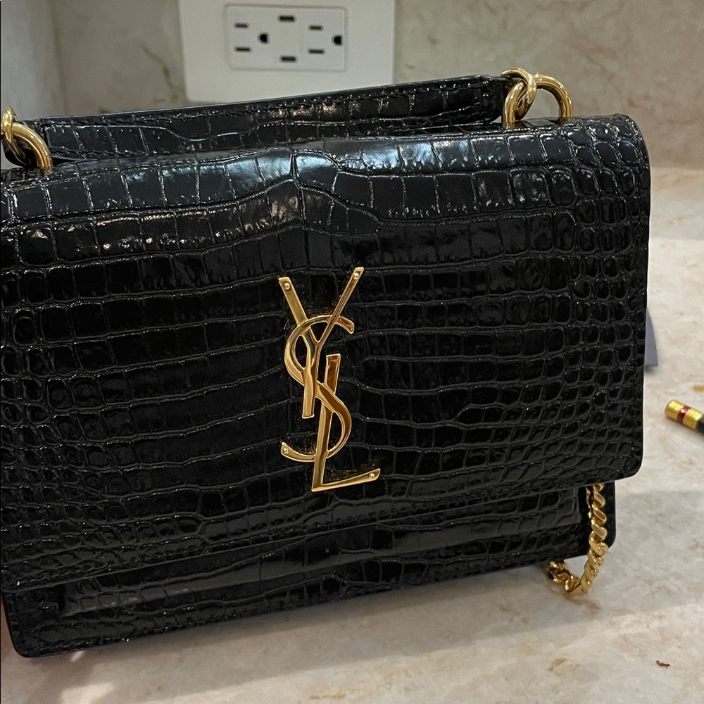 Yves Saint Laurent Black Croc Shoulder Bag with Gold Accents